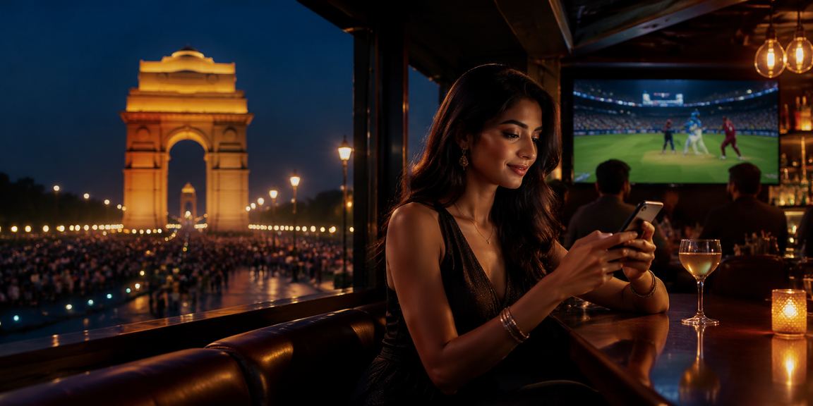 View of India Gate with cricket fan wearing traditional dress